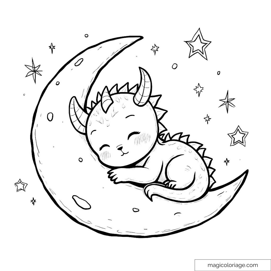 Dessin de petit dragon mignon sur la lune avec étoiles autour