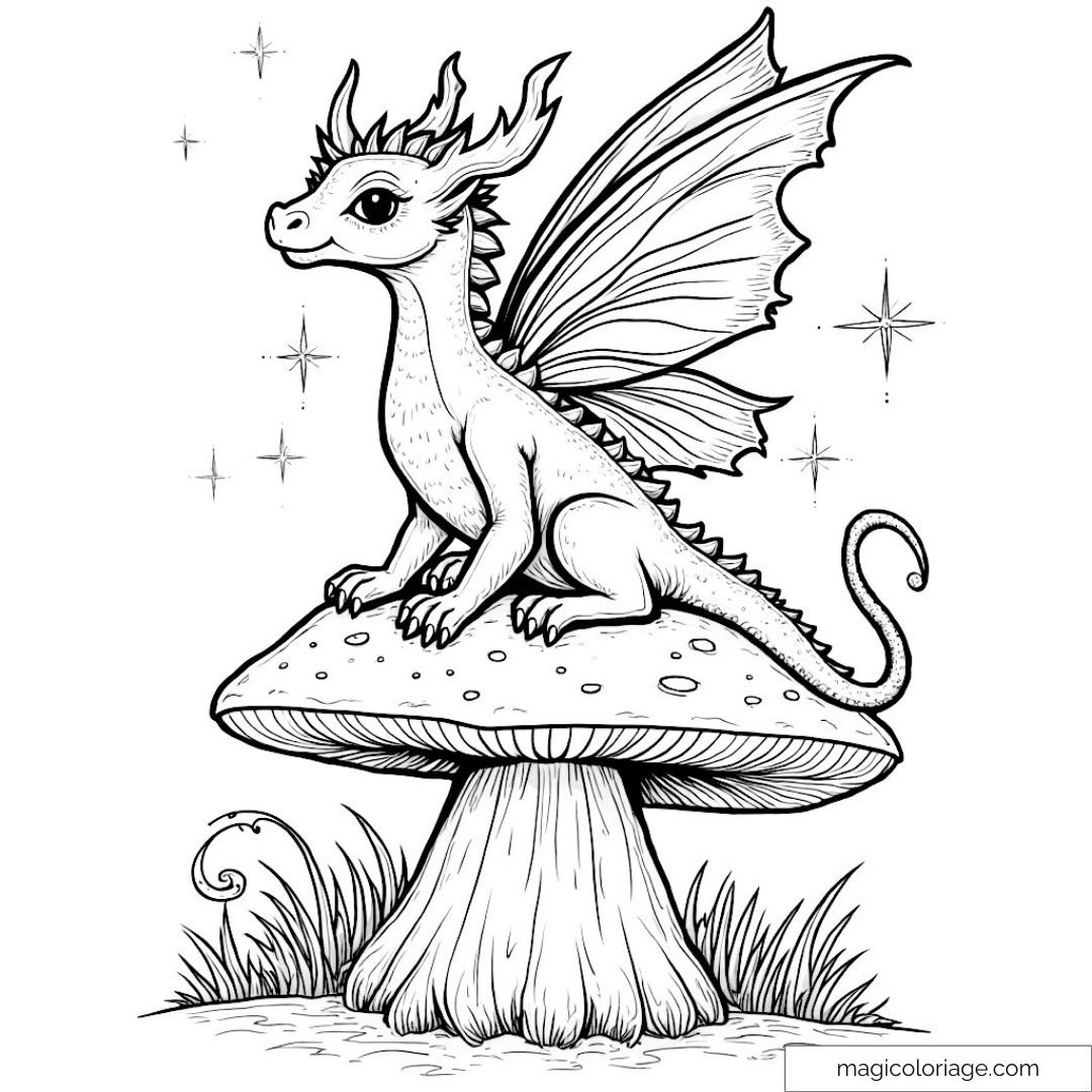 Petit dragon assis sur un gros champignon avec des étoiles autour.