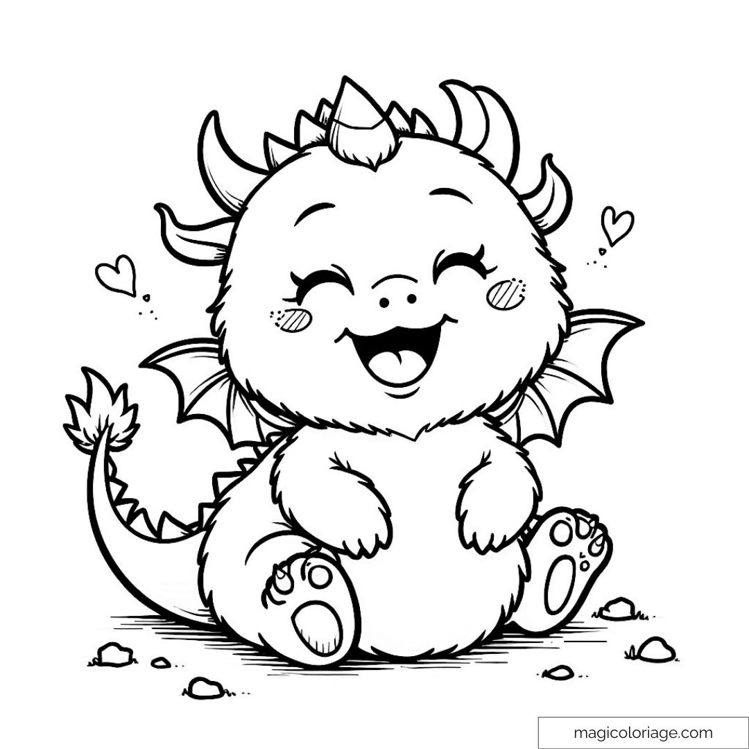 Image d'un bébé dragon souriant avec des cœurs à colorier