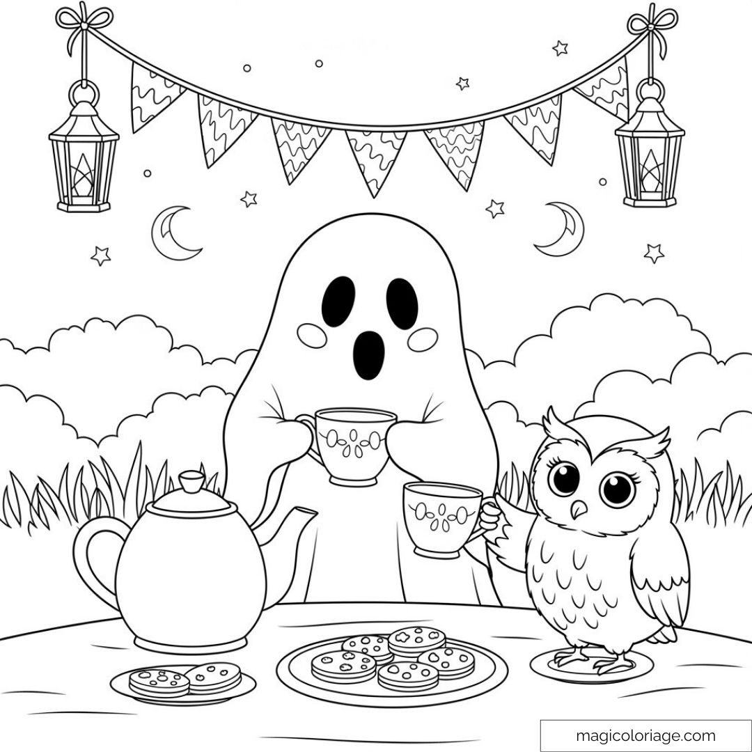 Fantôme partageant un goûter avec un hibou