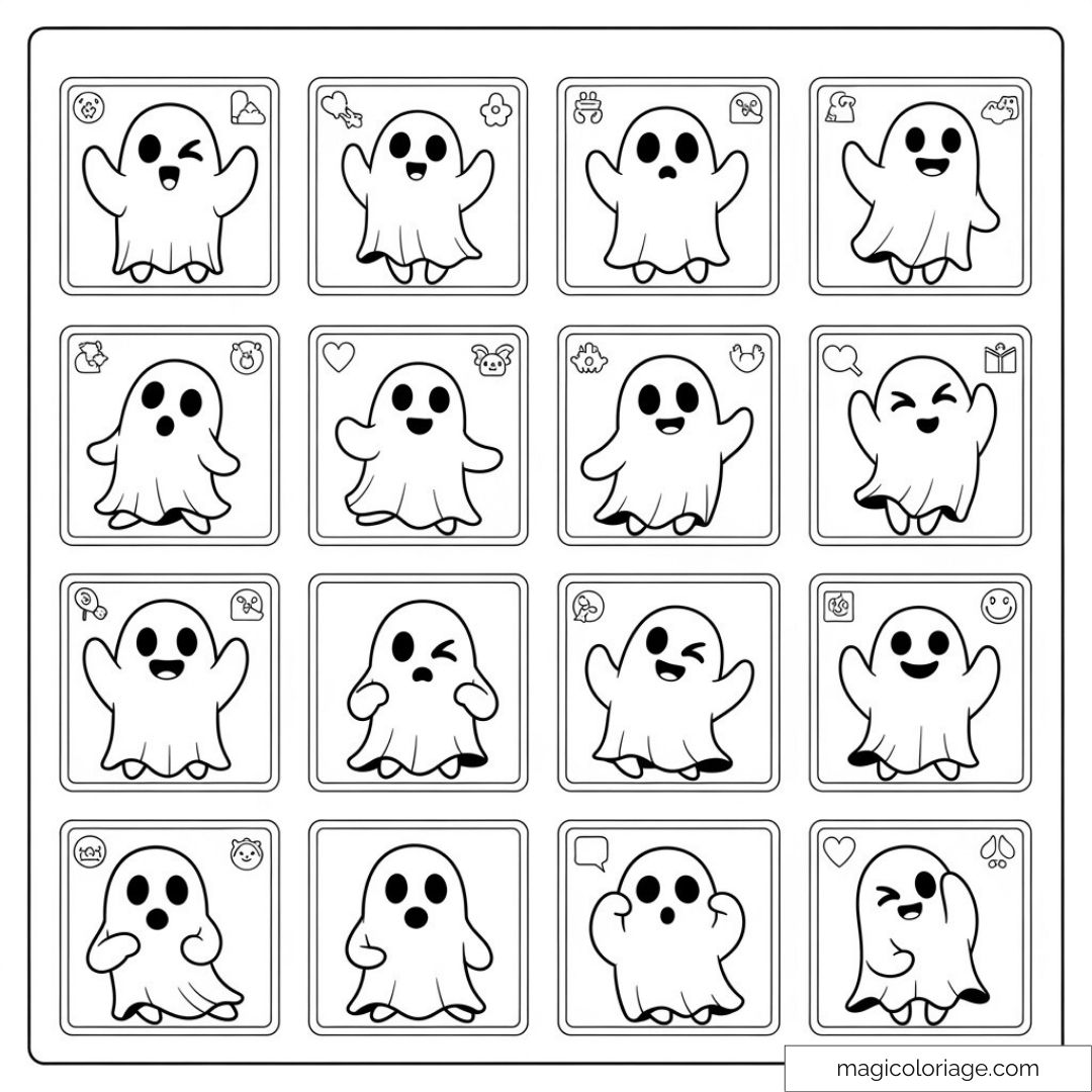 Petits fantômes aux expressions variées dans des cases à colorier