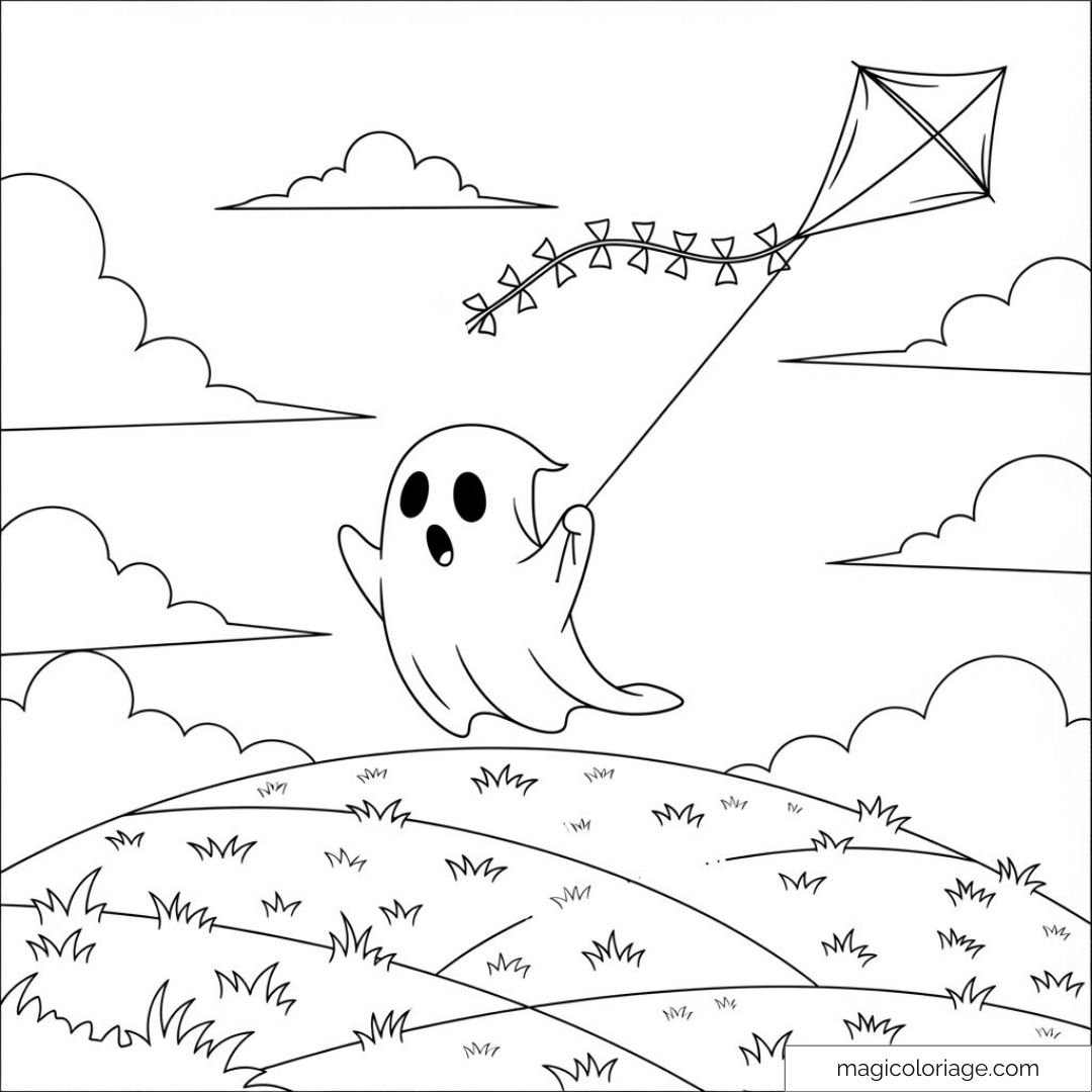 Petit fantôme tenant un cerf-volant dans un ciel nuageux.