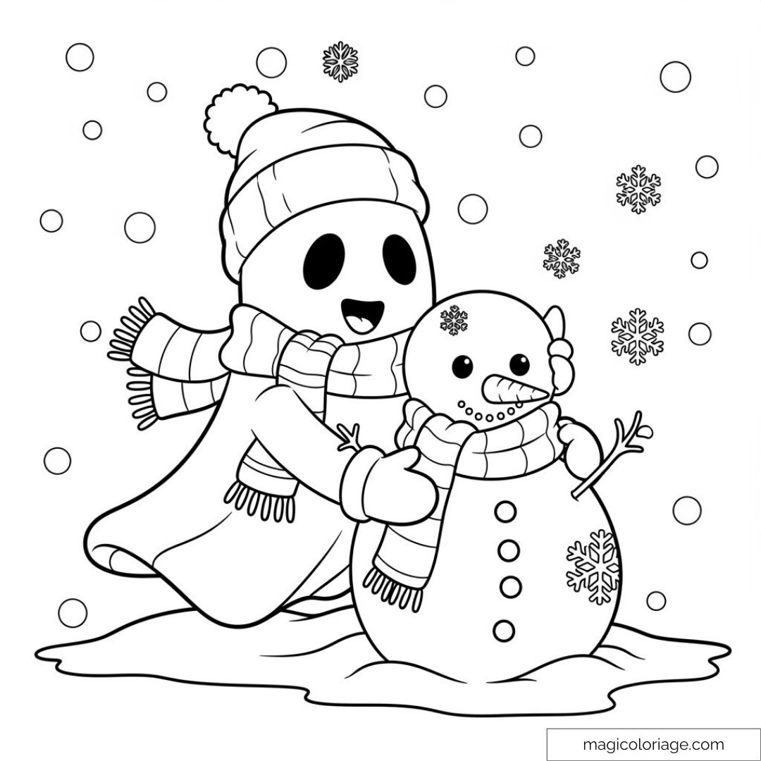 Enfant et bonhomme de neige souriant avec écharpes