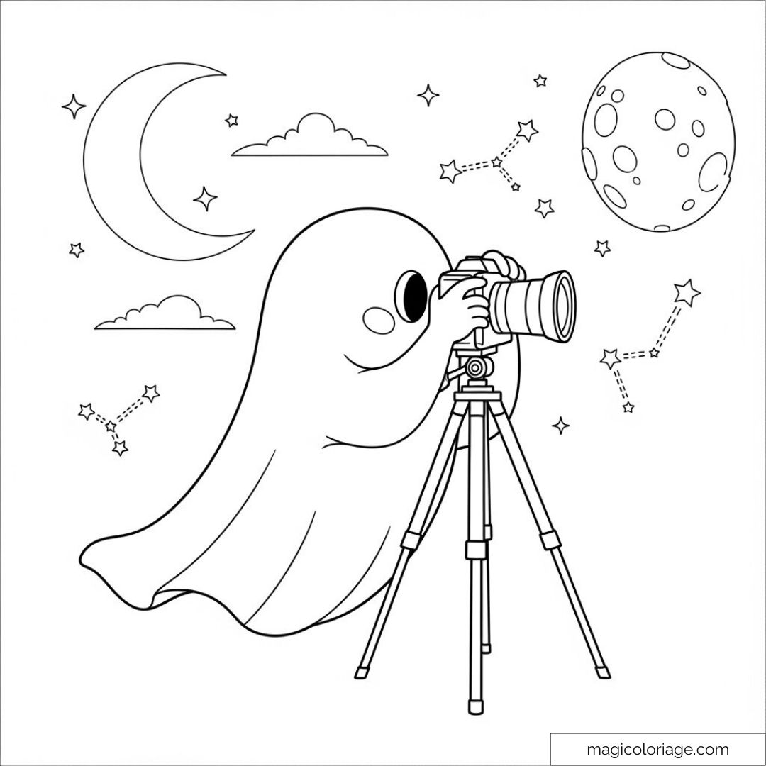 Un fantôme avec appareil photo sous la lune et les étoiles