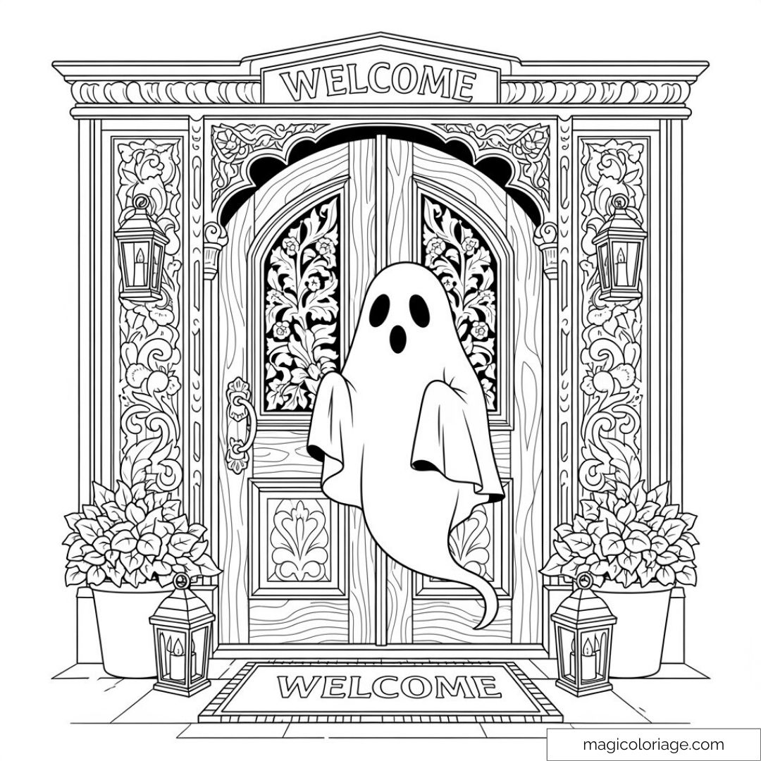 Fantôme souriant devant porte stylée avec décor floral