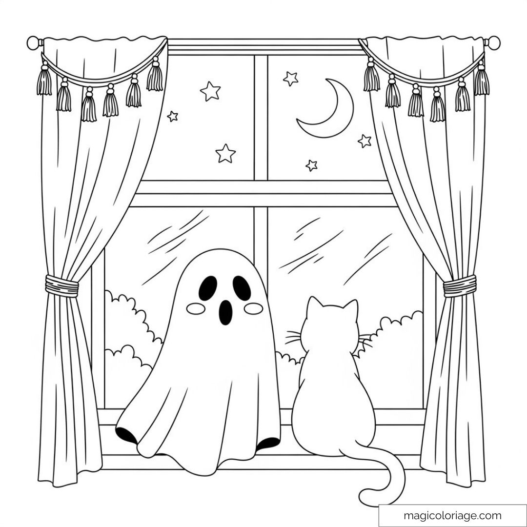 Fantôme mignon et chat regardant la lune par la fenêtre