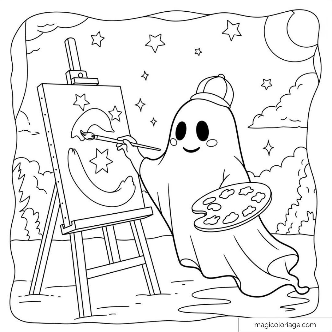 Fantôme souriant peignant un tableau avec étoiles et lune.