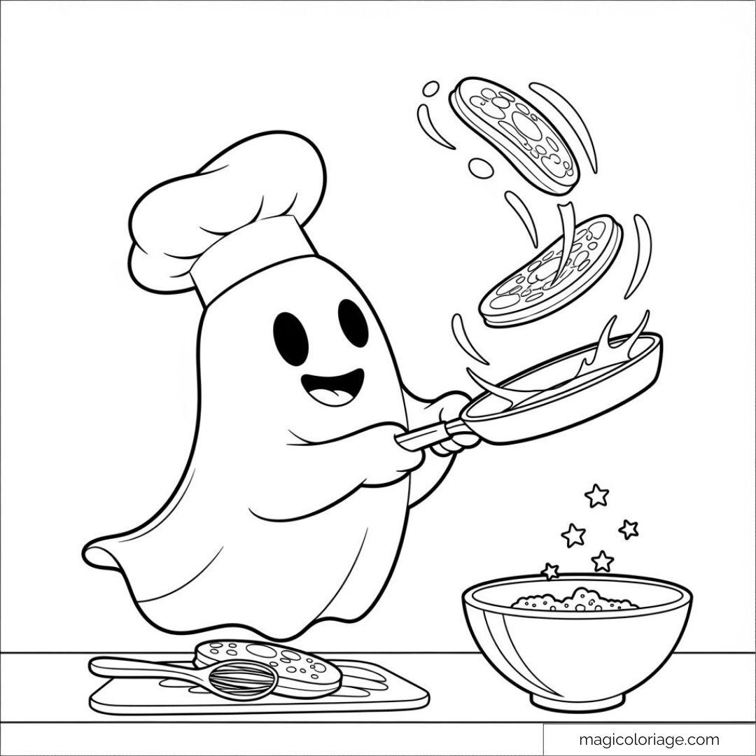 Dessin de fantôme cuisinier jonglant avec des pizzas