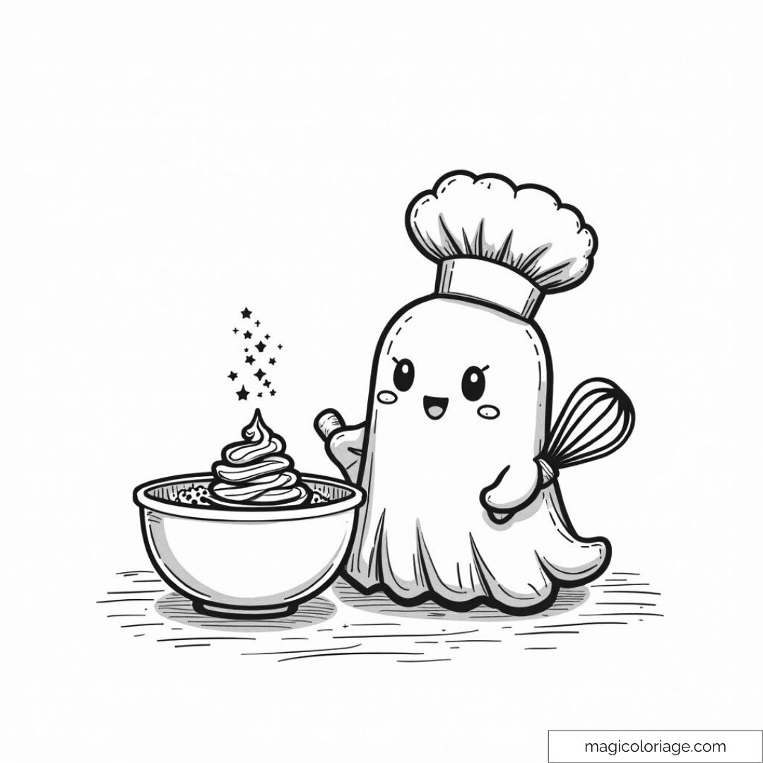 Fantôme mignon en chef pâtissier près d'un bol de crème