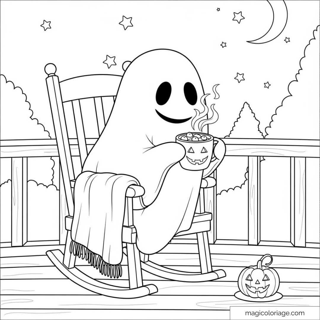 Coloriage fantôme sur chaise berçante avec chocolat chaud