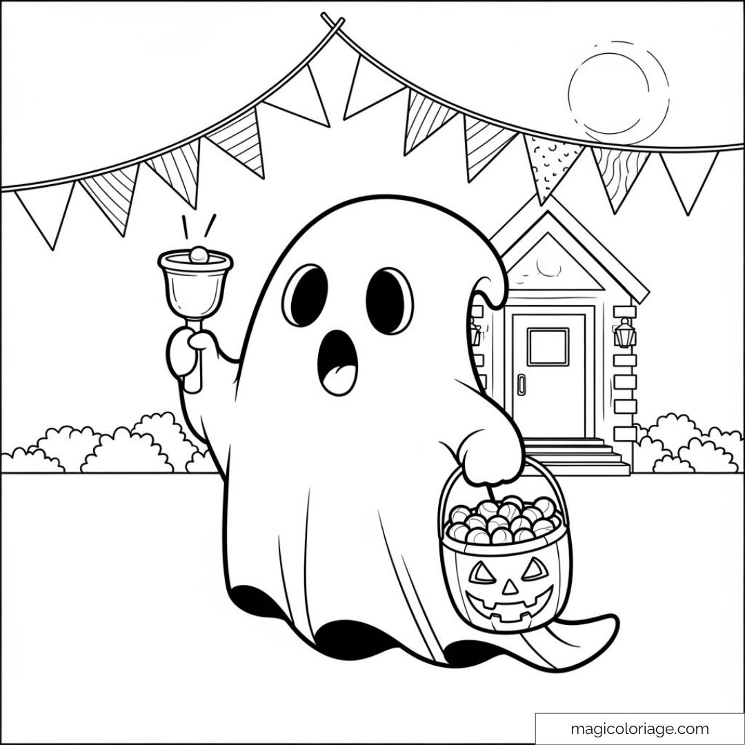 Fantôme Halloween avec cloche et seau citrouille devant maison