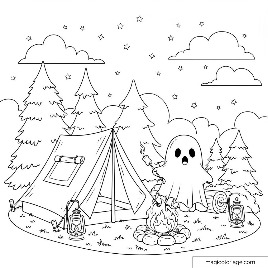 Dessin de fantôme mignon au camping dans la forêt avec feu de camp.