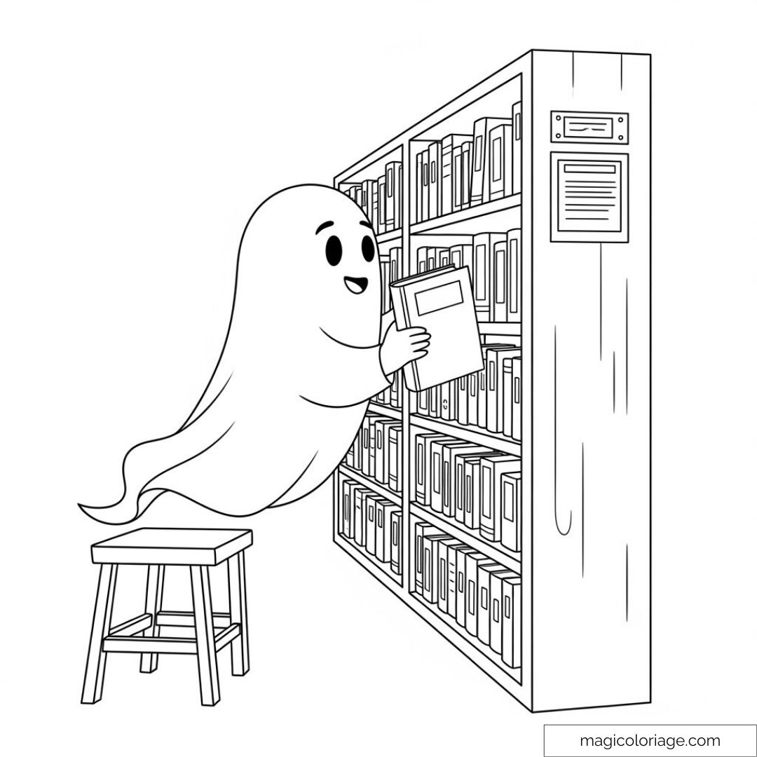 Fantôme mignon choisissant un livre sur une étagère de bibliothèque.