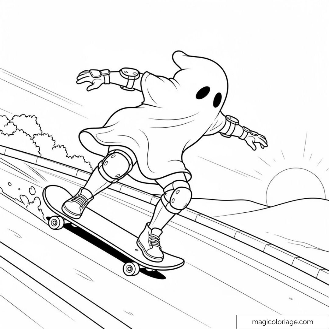 Fantôme faisant du skateboard sous un ciel ensoleillé