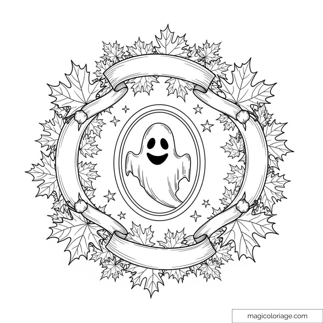 Fantôme souriant entouré de feuilles et rubans automnaux