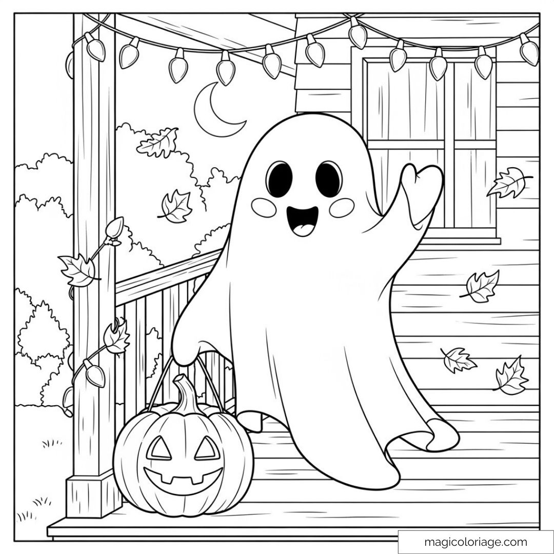 Fantôme heureux avec citrouille et feuilles sur un porche d'Halloween.