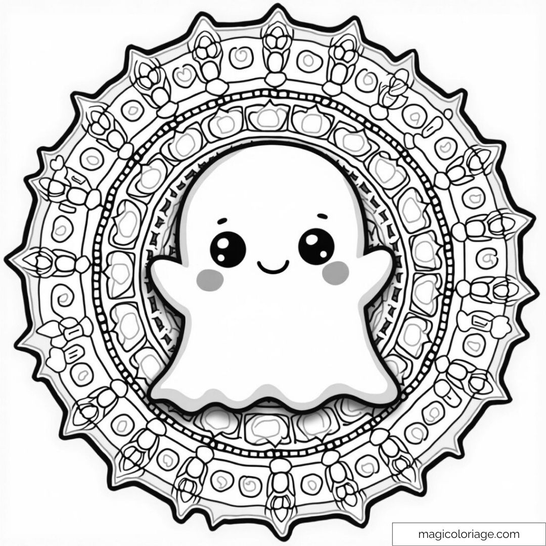 Dessin de fantôme kawaii avec mandala détaillé prêt à colorier