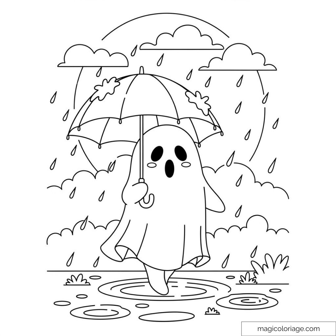 Fantôme mignon sous un parapluie sous la pluie
