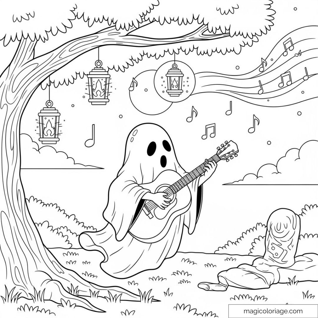 Dessin de fantôme jouant de la guitare sous un arbre avec des lanternes.