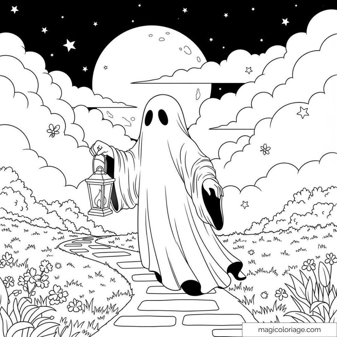 Dessin de fantôme tenant une lanterne sous un ciel étoilé et lunaire.