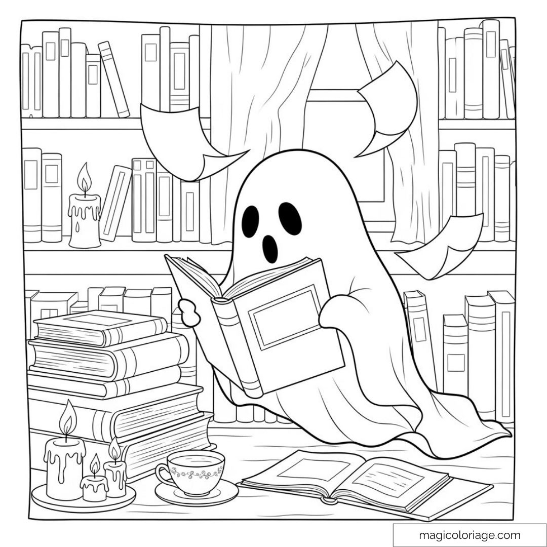 Fantôme lisant dans une bibliothèque avec des livres et bougies.