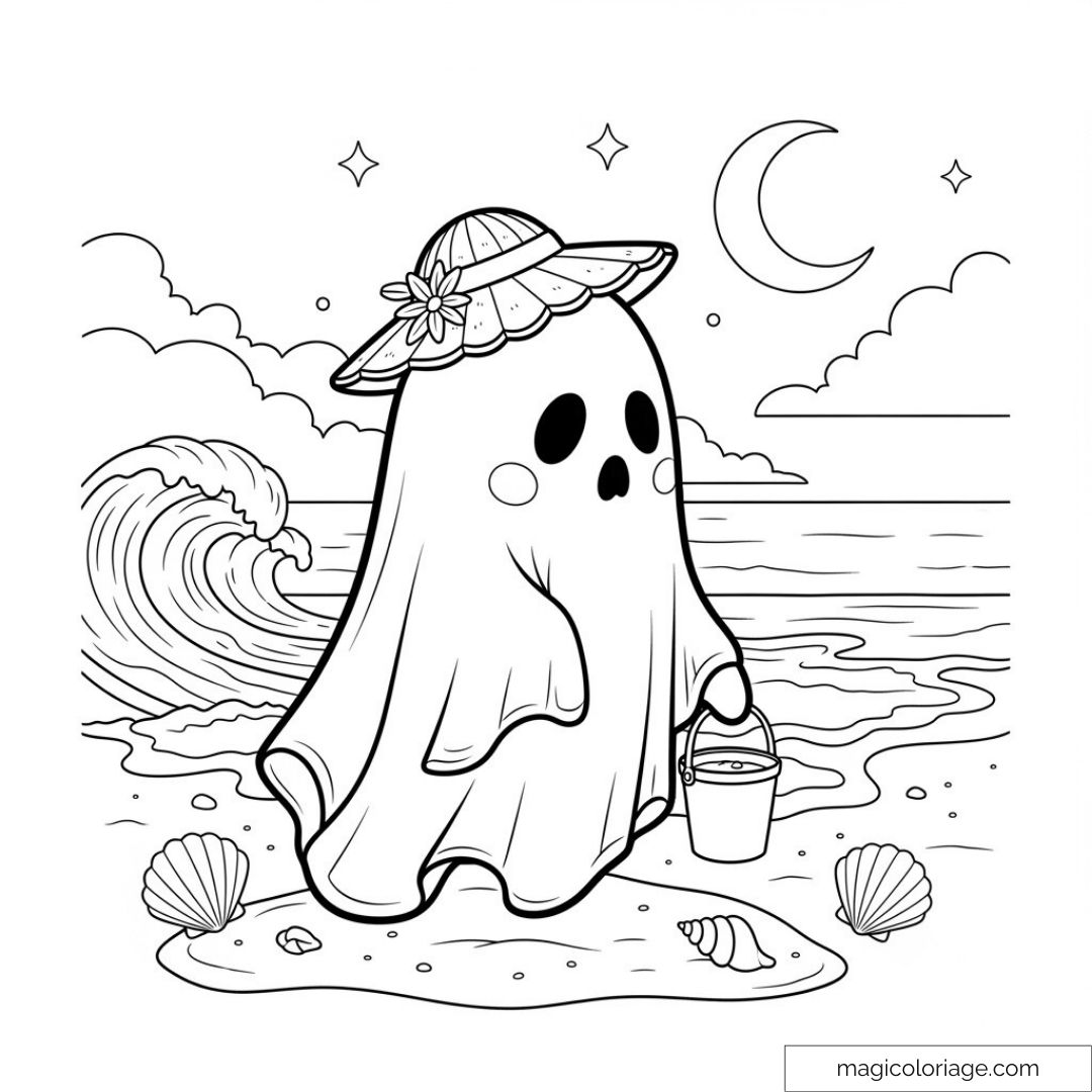 Fantôme en drap avec chapeau de paille sur une plage au crépuscule.