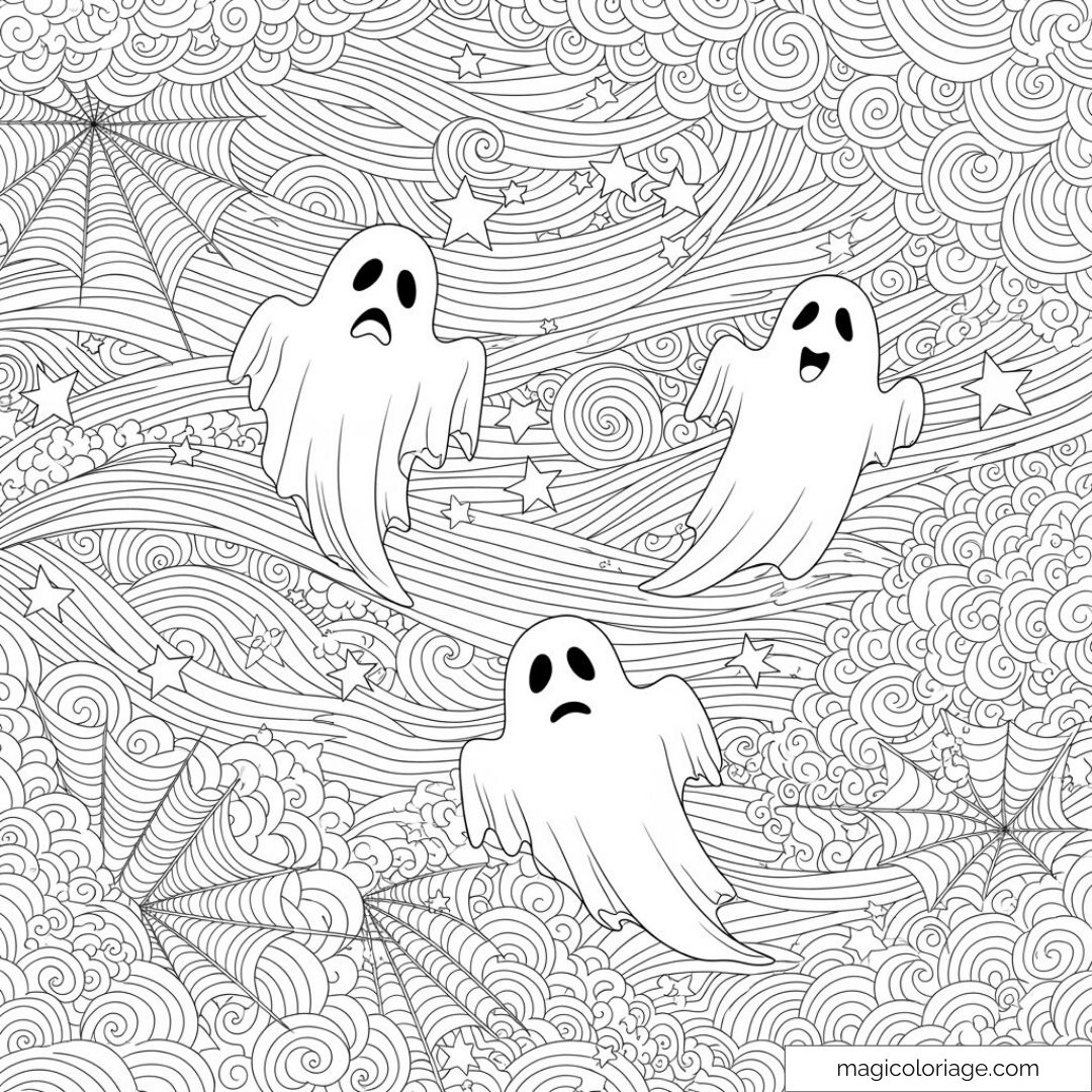 Fantômes flottant dans un ciel étoilé avec des toiles d'araignée.