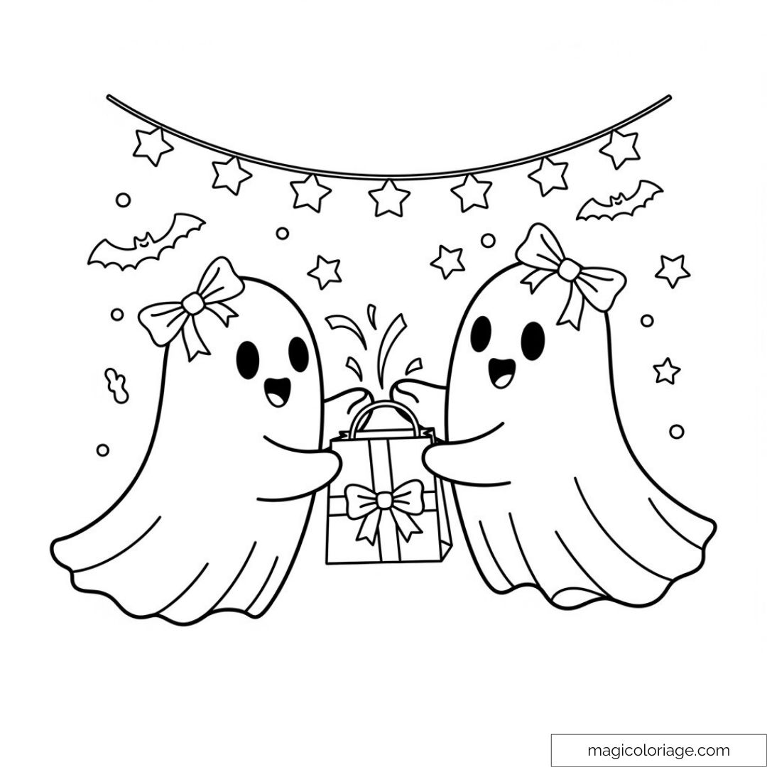 Fantômes souriants avec un cadeau sous des étoiles et chauve-souris.