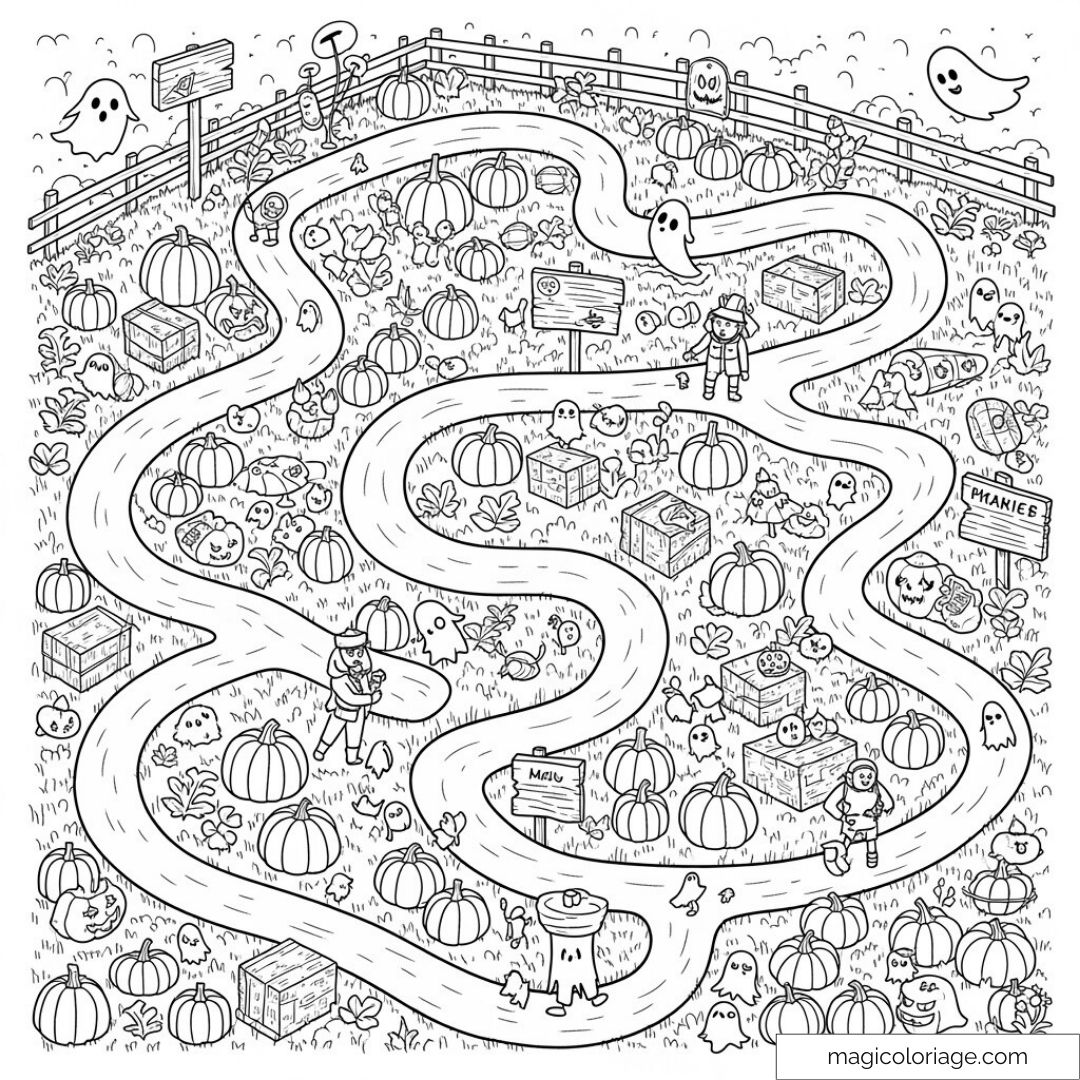 Labyrinthe d'Halloween avec citrouilles et fantômes à colorier.