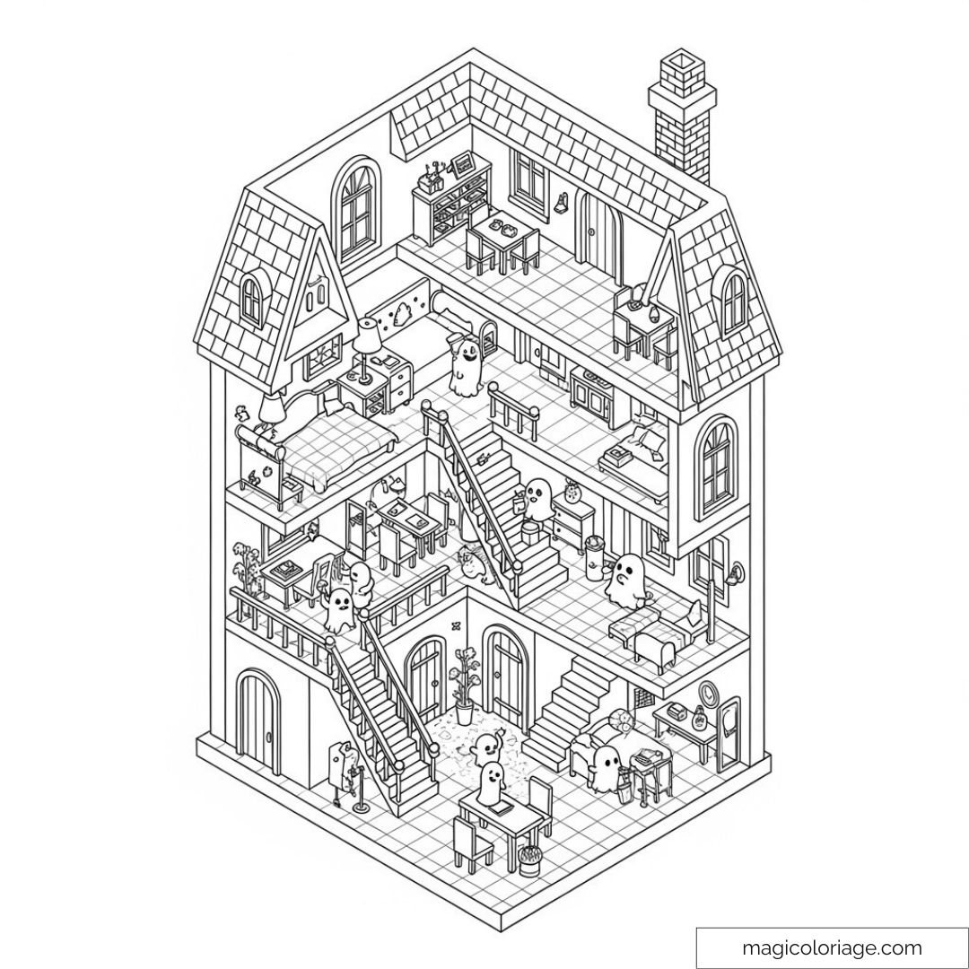 Maison isométrique hantée avec fantômes drôles et détails effrayants.
