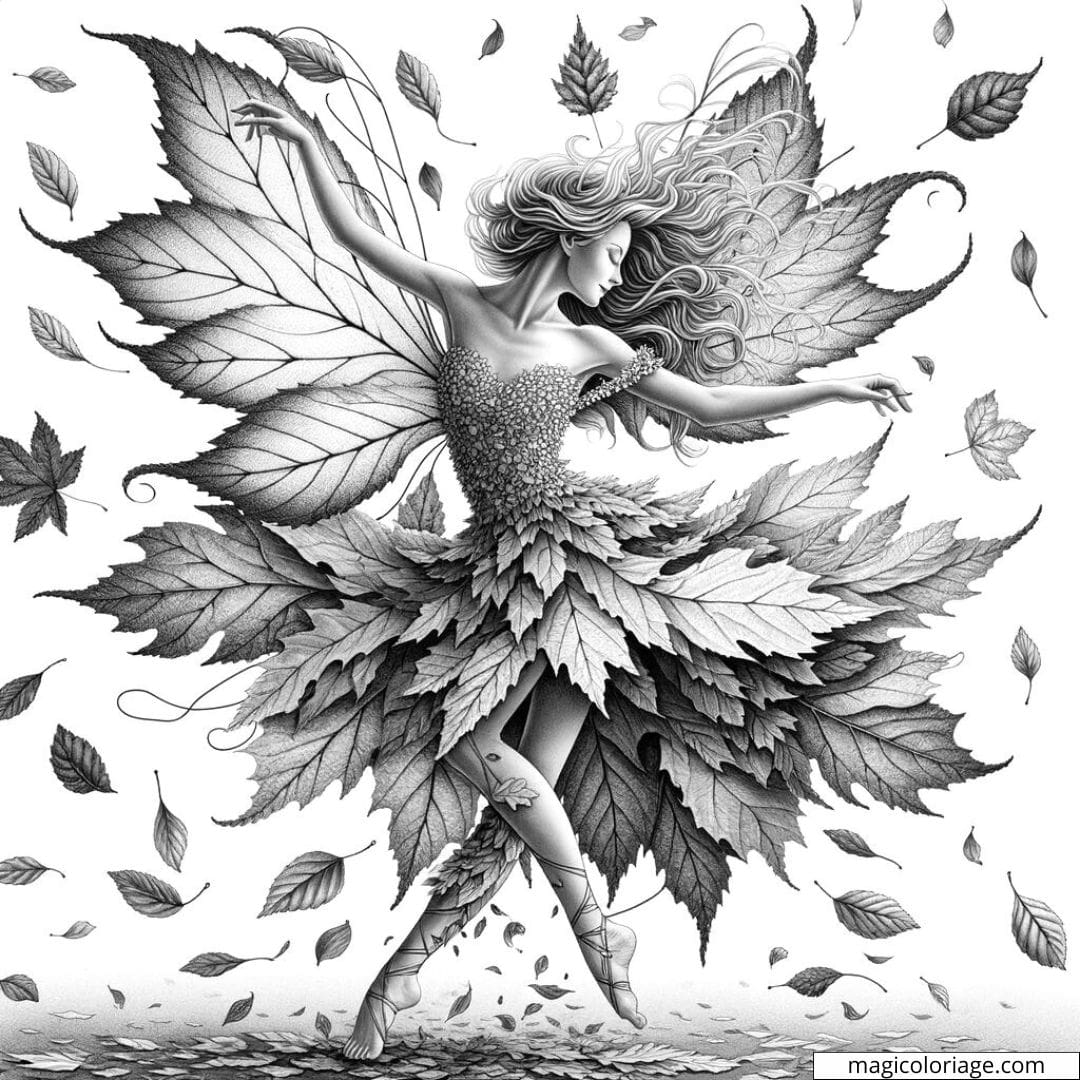 Fée automnale en danse avec des ailes de feuille.