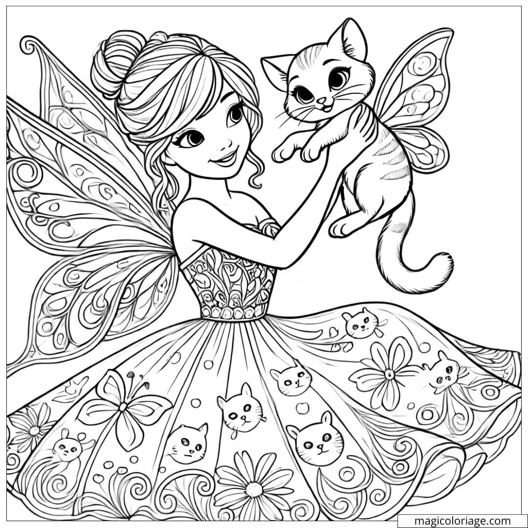 Coloriage fée avec un chat