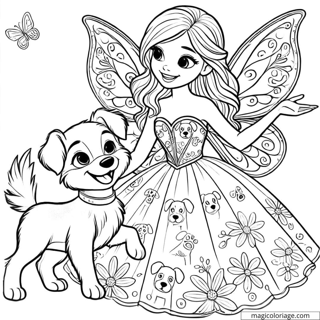 Coloriage fée avec un chien