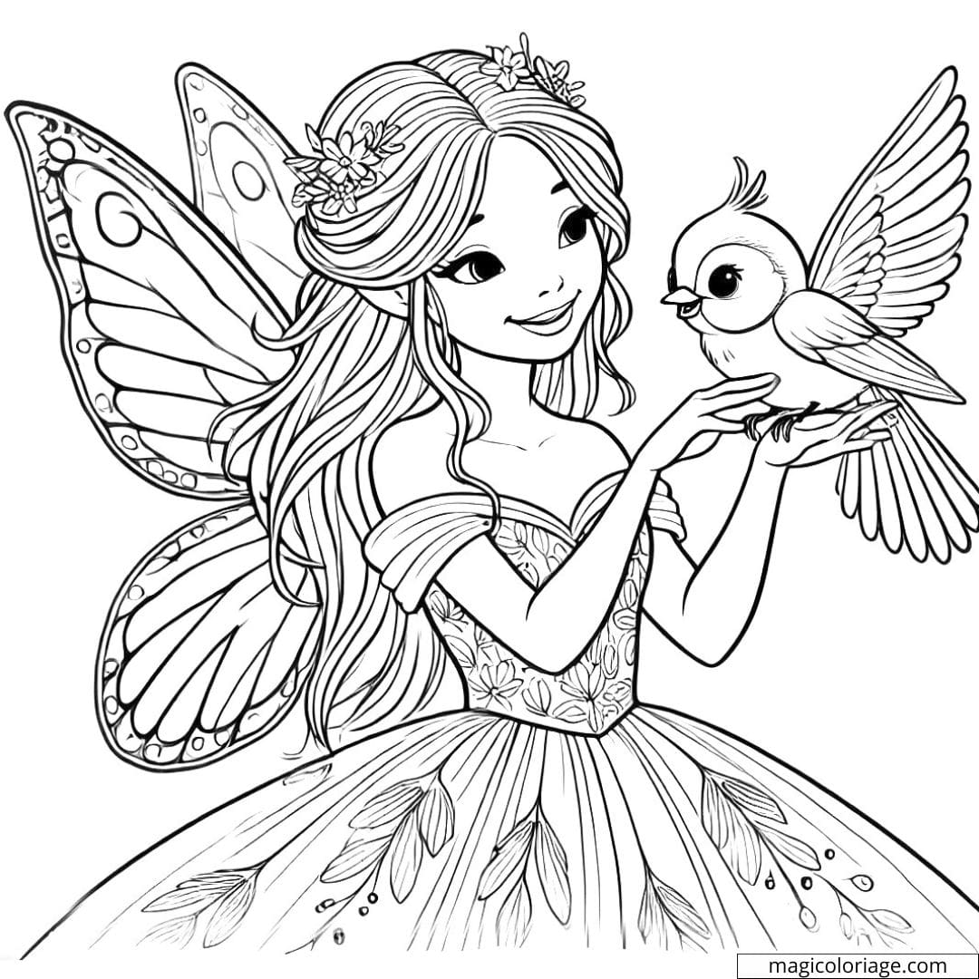Coloriage fée avec un oiseau