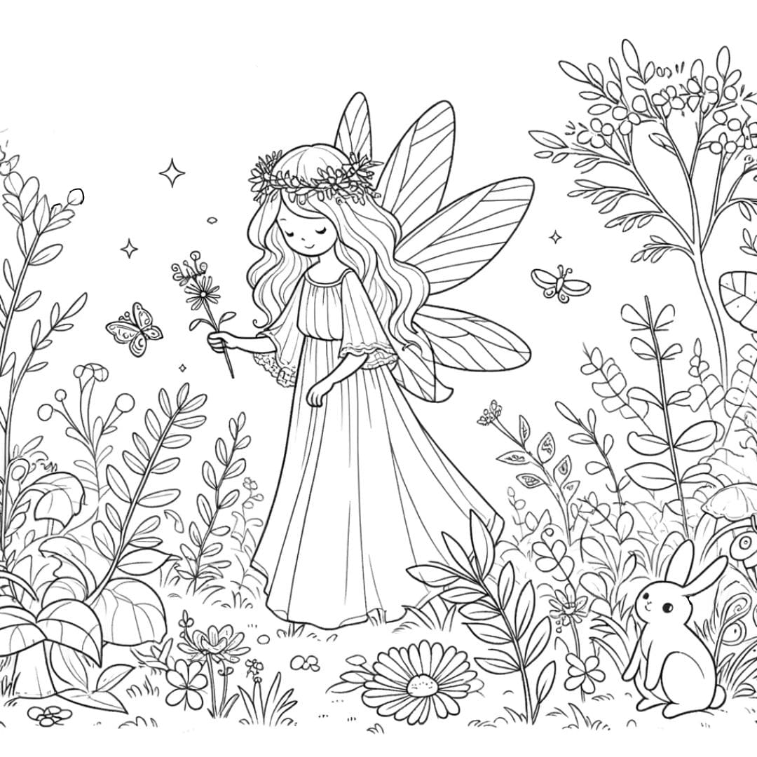 Dessin à colorier de fée dans un jardin enchanté pour enfants