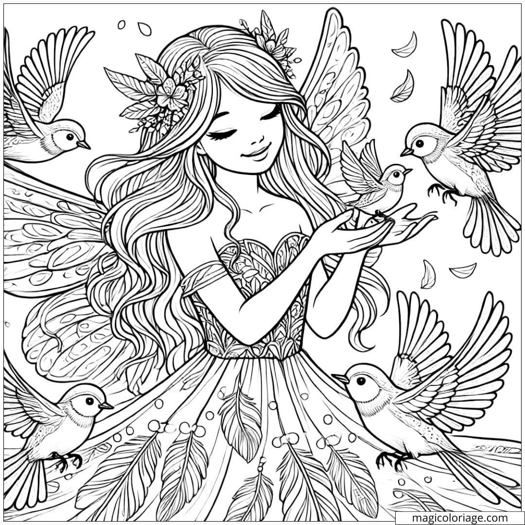 Coloriage fée de l'air avec des oiseaux