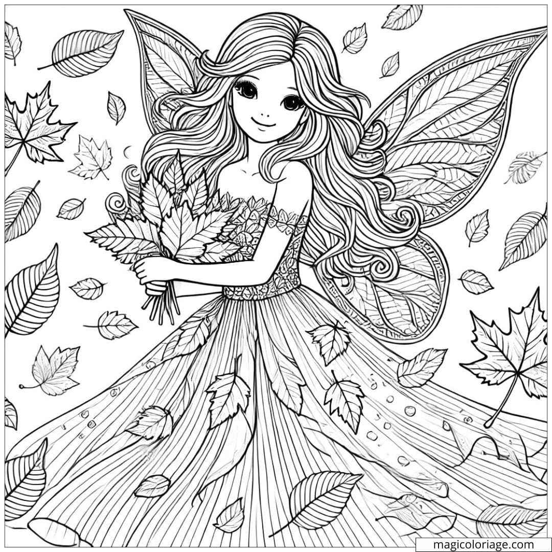 Coloriage fée de l'automne avec des feuilles tombantes