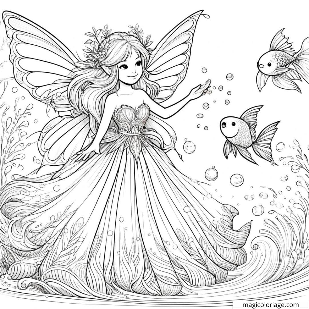 Coloriage fée de l'eau avec des poissons