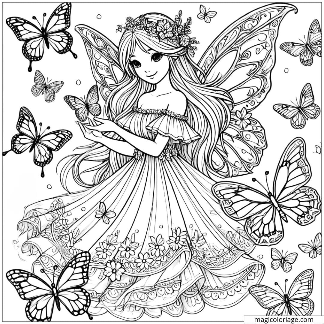 Coloriage fée de l'été avec des papillons