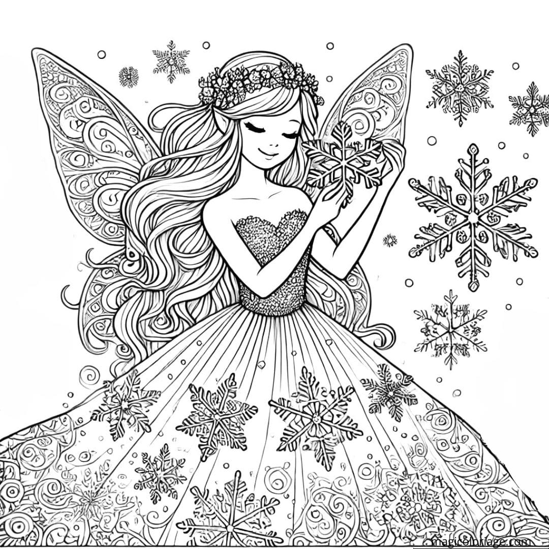 Coloriage fée de l'hiver avec des flocons de neige
