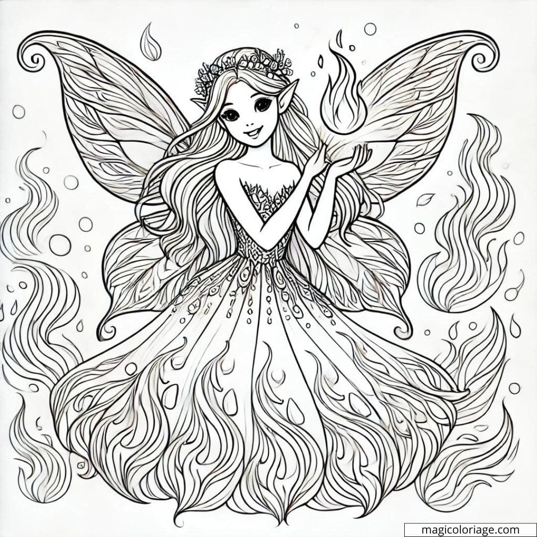 Coloriage fée du feu avec des flammes douces