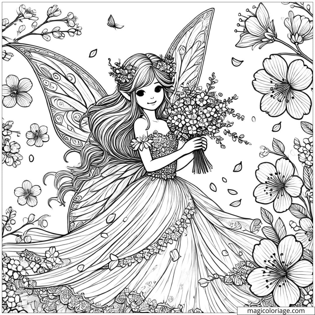 Coloriage fée du printemps avec des fleurs
