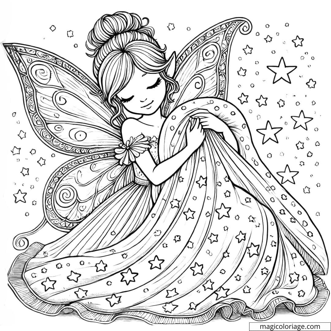 Coloriage fée du sommeil avec une couverture étoilée