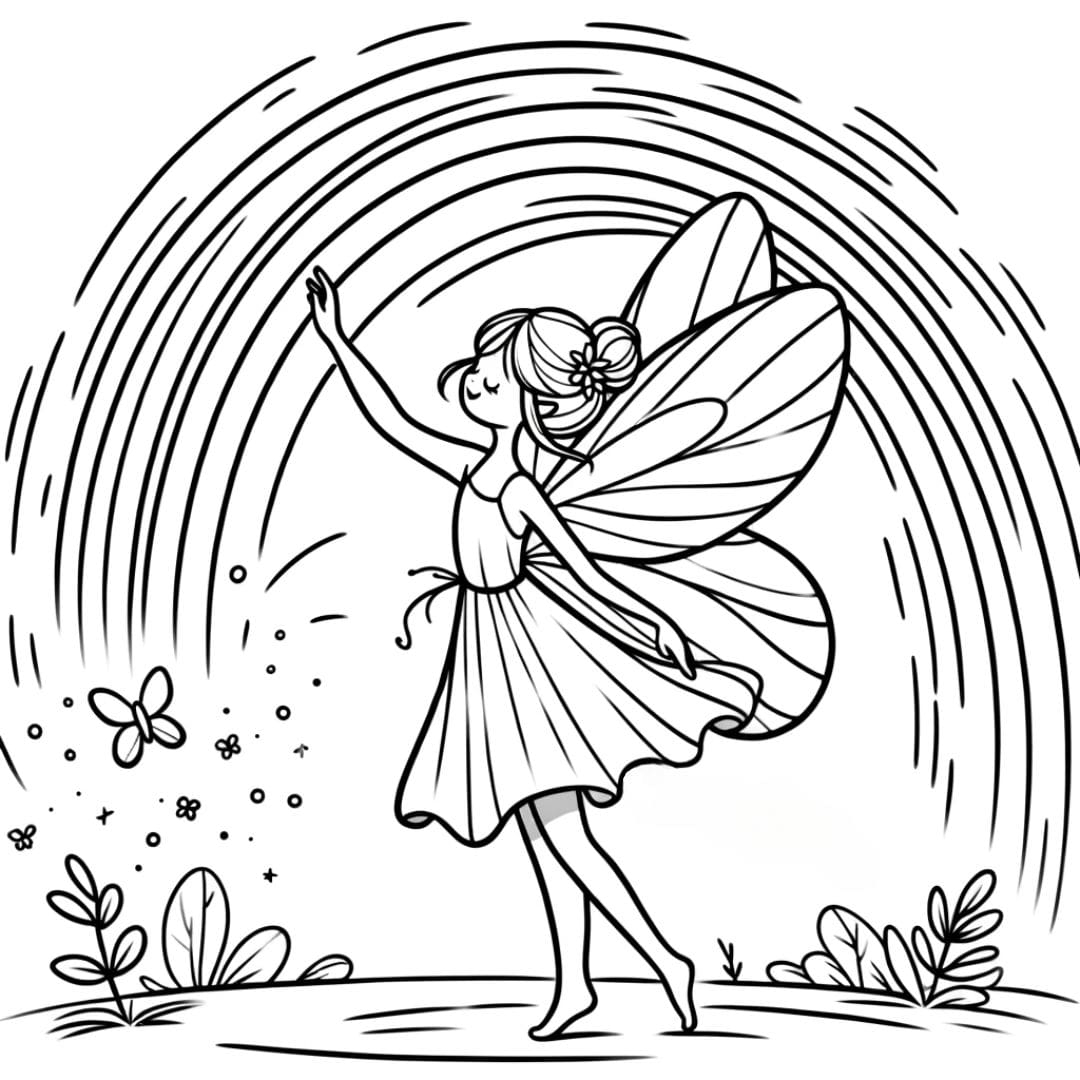 Dessin à colorier de fée et arc-en-ciel pour enfants
