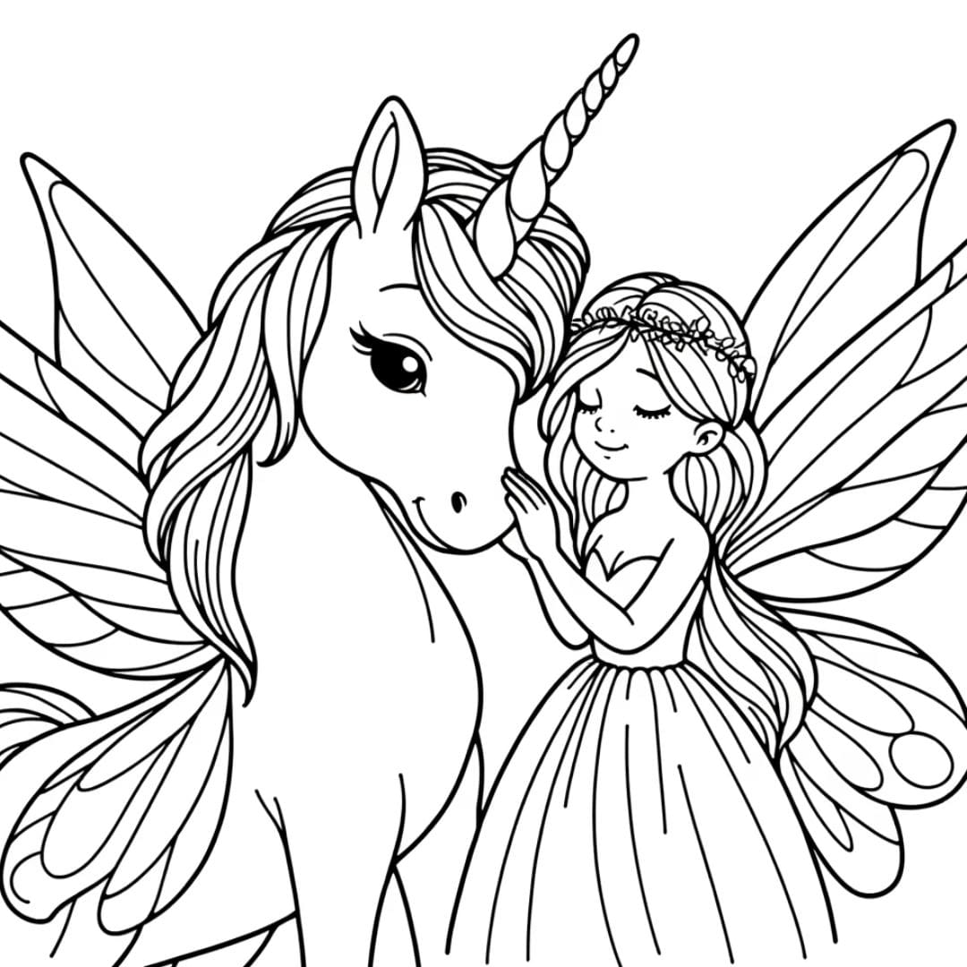 Dessin à colorier de fée et licorne pour enfants