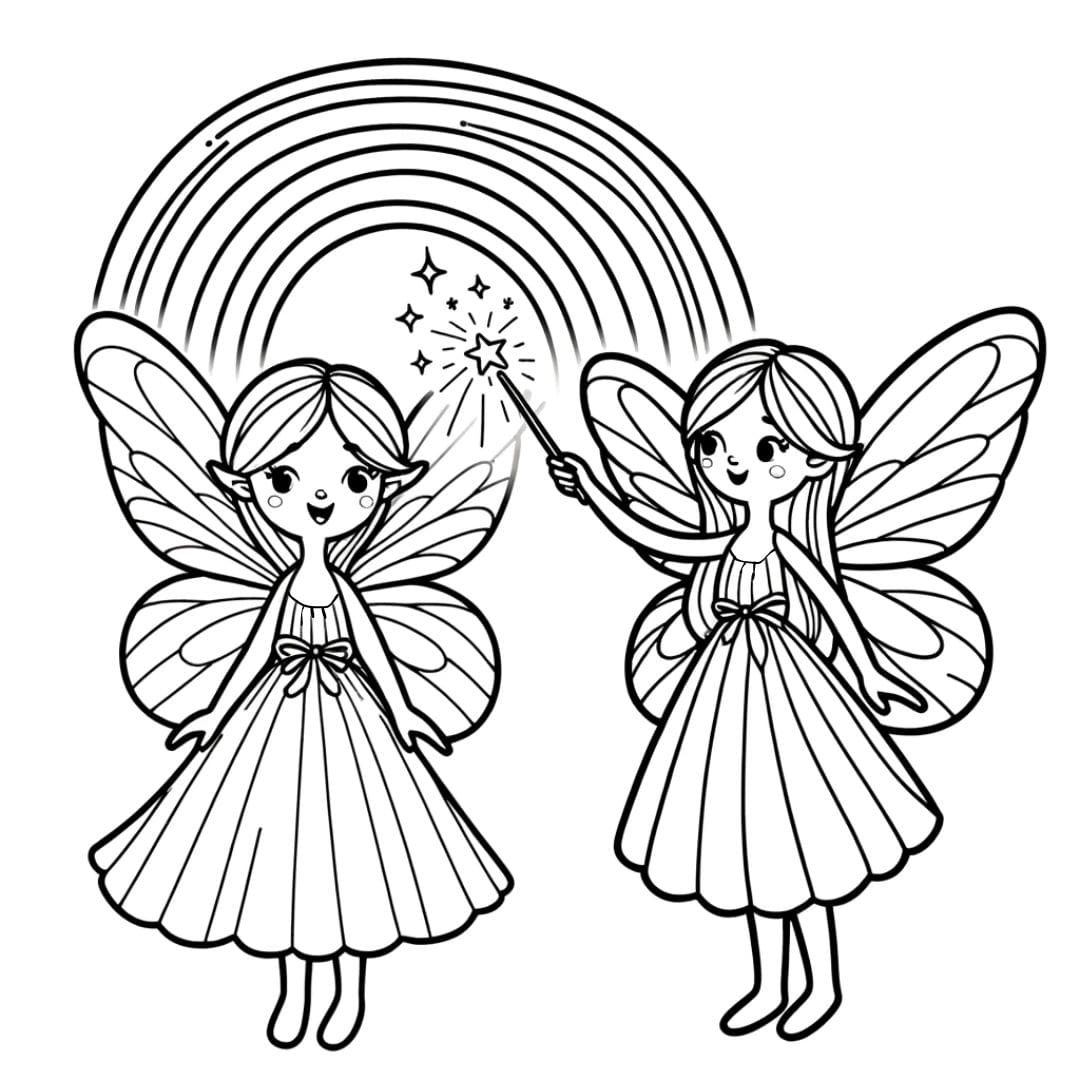 Dessin à colorier de fée créant un arc-en-ciel pour enfants