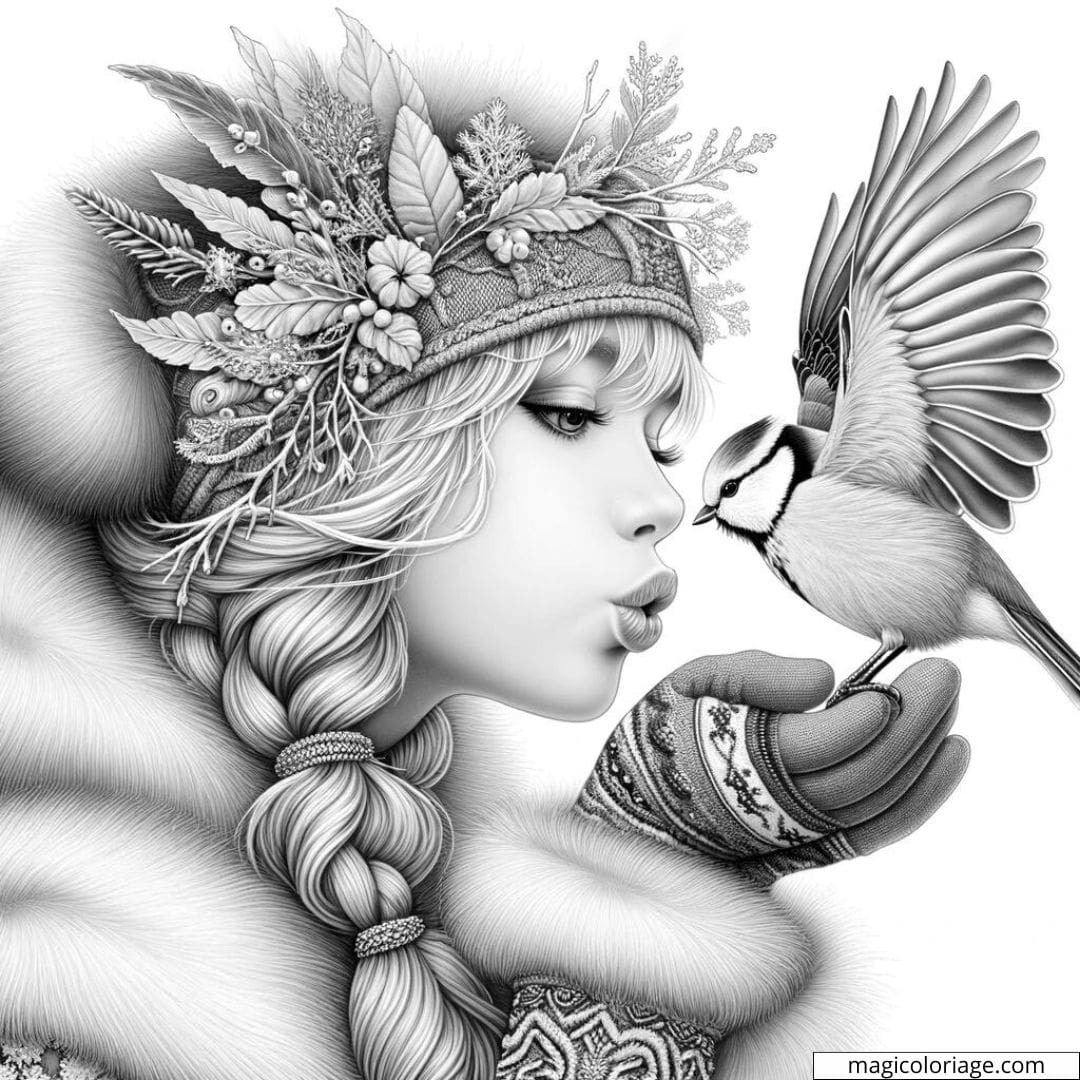 Fée hivernale avec un oiseau en noir et blanc.