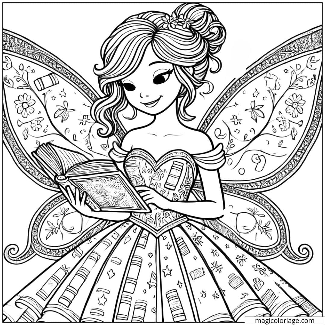 Coloriage fée qui lit un livre