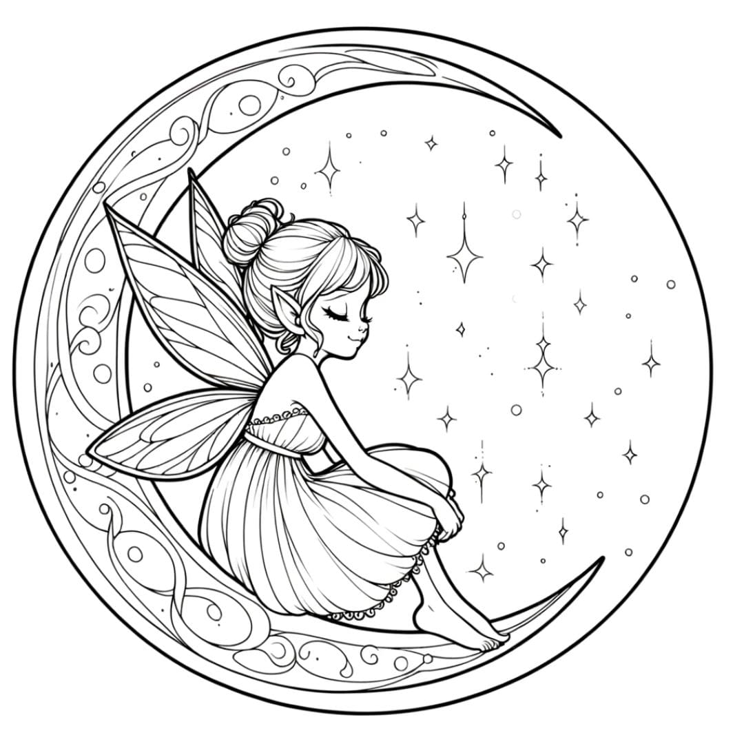 Dessin à colorier de fée sous la lune pour enfants