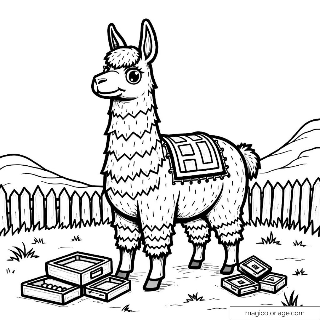 Lama mignon avec couverture dans une prairie entourée de montagnes.
